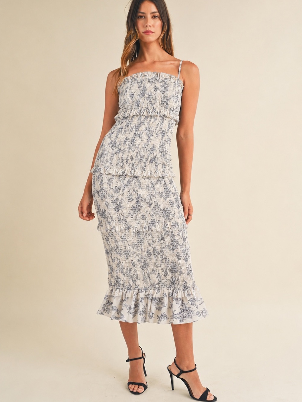 Mable Smocked Floral Midi Dress Blue White Tiered Ruffle Cottagecore Medium NWOT